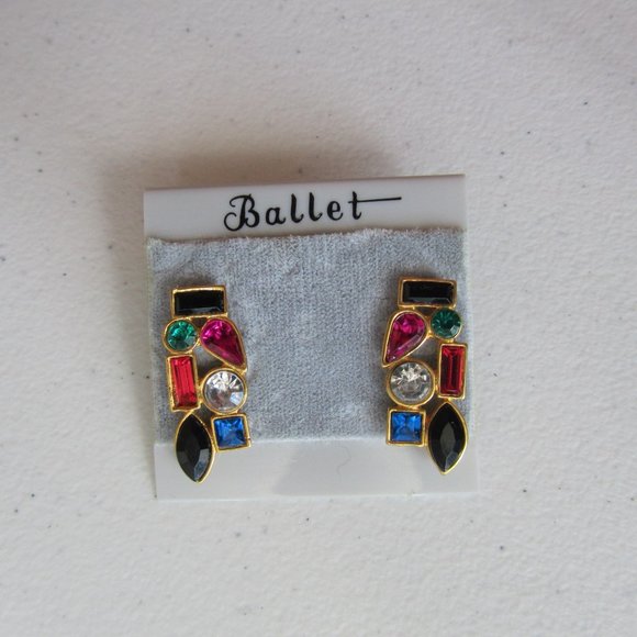 Ballet Multi color Stones Crystals Geometrical Shapes Motifs Stud Earrings - Picture 3 of 7